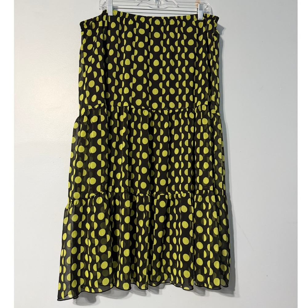 Women's 8W Tiered Polka Dot Maxi Skirt Black Lime Green Chiffon 2291